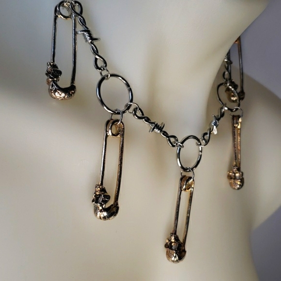 Silver gold skull punk goth emo safety pin choker necklace - Picture 2 of 10